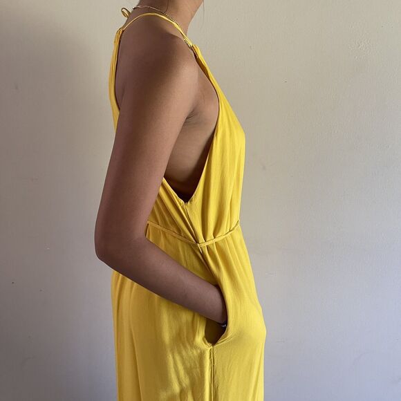 Urban Outfitters Halter Maxi Sun Dress Oversize XS Sleevless Slit Pockets Yellow - Picture 5 of 10